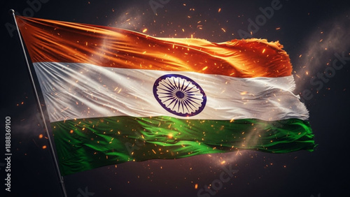 High-detail image of the Indian national flag fluttering in the wind, illuminated by glowing embers and golden sparks in a moody setting.