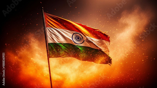 Artistic representation of the Indian flag waving proudly with intense golden lighting, flying embers, and a warm, hazy atmosphere.