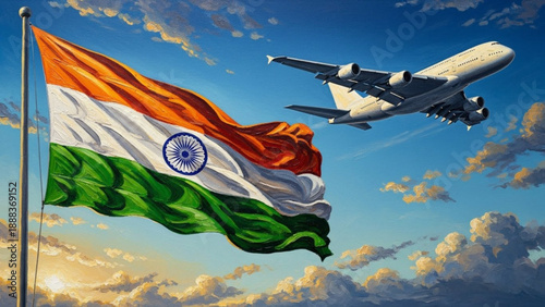 Impressionist oil painting of the Indian national flag waving in the wind with a large commercial airplane flying in a blue sky with clouds.