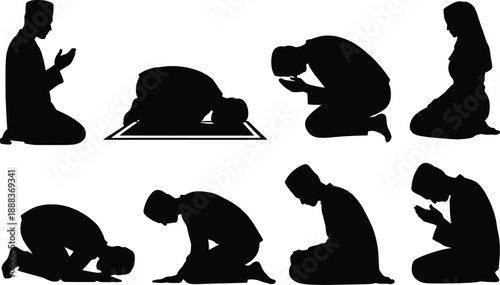 Muslim Prayer Silhouettes Set, Islamic Salah Positions and Dua Postures Vector Illustration