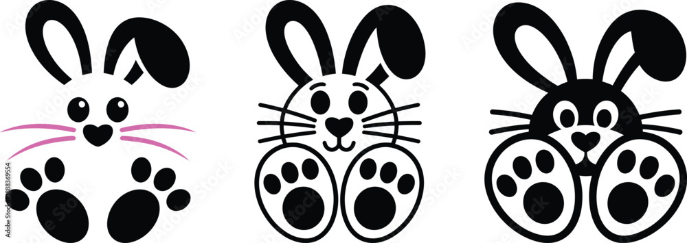 Fototapeta premium Cute Bunny Face Silhouette Set, Hand Drawn Rabbit Heads with Paws for Baby Shower and Kids Design