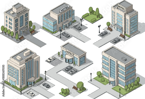 Isometric Hotel Buildings Set Architecture, Travel & Accommodation
