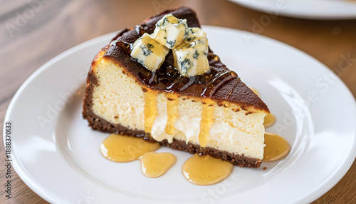 Wallpaper Mural 青カビチーズを添えたとろけるバスクチーズケーキのカット、ハチミツがけ。濃厚で贅沢なスイーツ。 Torontodigital.ca