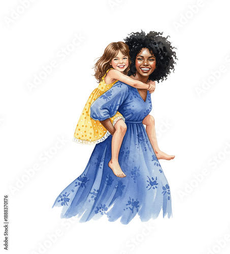 African American mother happily gives her Caucasian daughter a piggyback ride with big smiles
