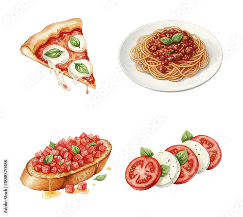 Delicious Italian Food Assortment Watercolor Illustrations Pizza Spaghetti Bolognese Bruschetta Caprese Salad