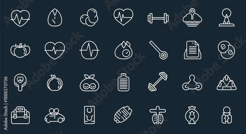 Collection of fitness and health icons on dark background for design