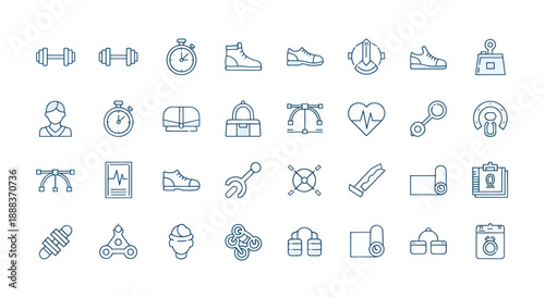Collection of fitness and health related vector icons isolated on white