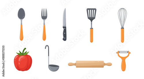 Collection of kitchen utensils and a tomato against white background
