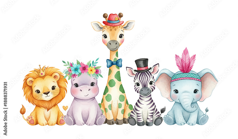 Obraz premium Cute baby safari animals with happy expressions adorable lion hippo giraffe zebra elephant sitting together