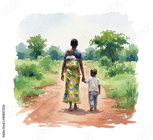 African woman walking with her baby on her back and holding a young boy's hand on a rural path with green trees