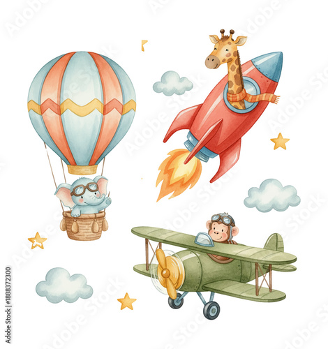 Cute cartoon animals a happy elephant in a hot air balloon a smiling giraffe in a rocket a joyful monkey in a biplane
