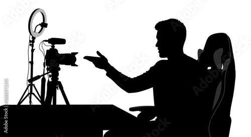 Man sits at desk with camera and ring light giving presentation
