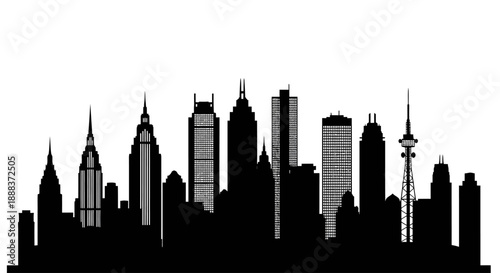 Cityscape silhouette illustration featuring skyscrapers and towers from a low-angle viewpoint