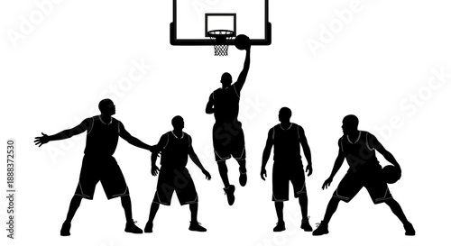 Basketball players in action on court with one dunking into hoop, silhouetted against a plain white background from a frontal viewpoint illustration