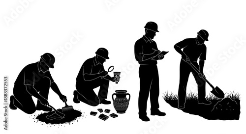 Archaeologists excavating artifacts in a field, examining and documenting their findings with meticulous care and attention to detail