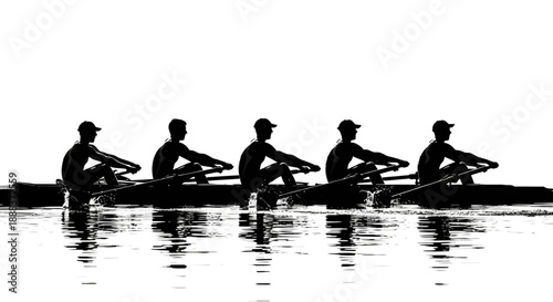 Rowing Team Silhouetted Against Water with Oars in Unison from Side View