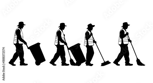 Workers in uniform carrying cleaning equipment and sweeping the street