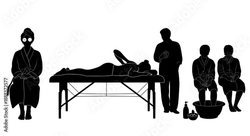 Medical procedure illustration showing doctor examining patient on table with attendants nearby in a clinical environment