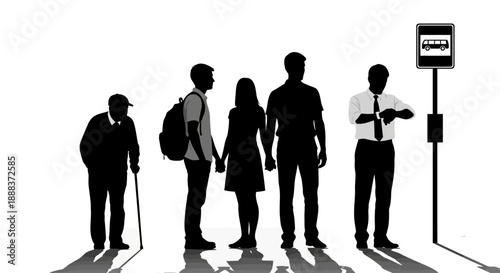 Group of people waiting at bus stop with varied attire and accessories standing in line