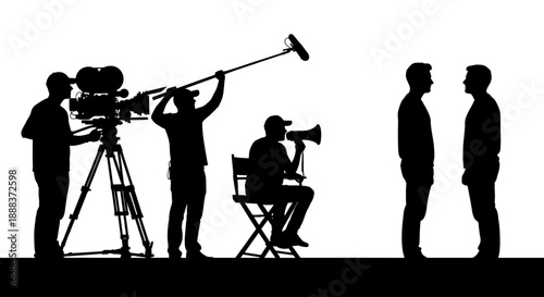 Filmmakers capture intense conversation between two men on set with camera and boom microphone