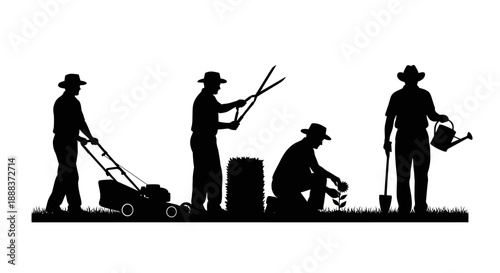 Gardening activities with men working together in a landscape viewed from the side