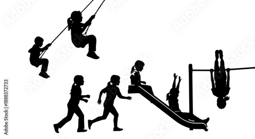 Children playing on swings and slide in a playground, captured from a side view