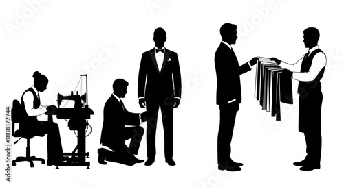 Tailors working on garments with clients receiving finished suits in a professional setting