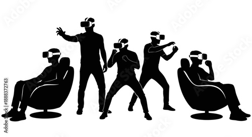 People experiencing virtual reality technology in a modern entertainment environment from various viewpoints