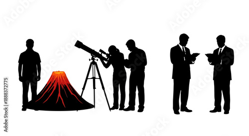 Scientists Observing Volcanic Eruption through Telescope, Recording Data and Discussing Findings