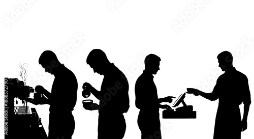 Silhouetted men preparing a meal in a kitchen, cooking and passing dishes in a sequence