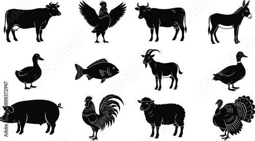 Black vector silhouette set of diverse farm animals including cow rooster donkey duck fish goat pig sheep and turkey for rural livestock agriculture design,