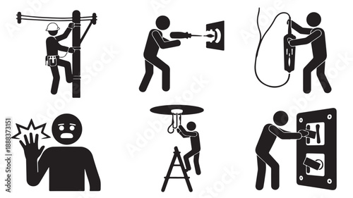 Electrician Working and Electrical Safety Hazards in Simple Graphic Black and White Vector Pictogram Set for Home Repair and Warning Instructions.