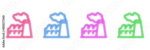 Neon glowing factory vector icons set, industry, manufacturing, plant, production, glowing outline digital design illustration on transparent background.