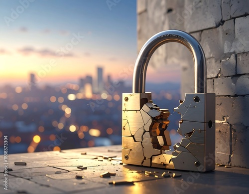 Broken gold padlock on a rooftop, city skyline backdrop at dawn