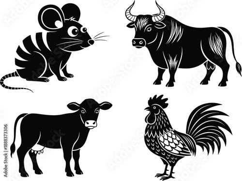 Black vector silhouette set of diverse farm animals including a mouse bull cow and rooster for agricultural industry livestock breeding and rural design,
