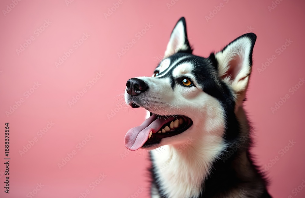 Fototapeta premium Siberian husky with open mouth looks up against pink background. Dog head studio shot with copy space. Purebred animal portrait, purebred pet.