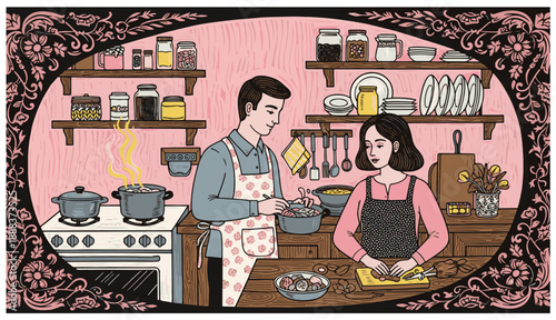 Couple Cooking Together in Cozy Vintage Kitchen Illustration