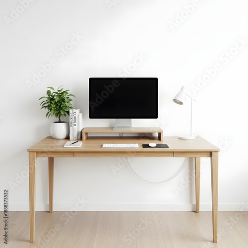 Wallpaper Mural Minimalist Home Office Desk Mockup with Computer Monitor and Plant on White Background. Torontodigital.ca