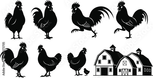 Black vector silhouette set of several roosters chickens and a small chick with a farm barn building for poultry farming agriculture and rural industry,