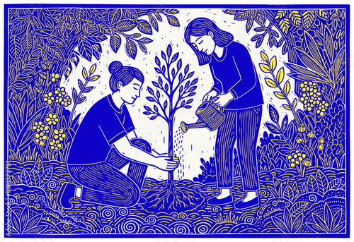 Illustration of Two People Planting a Tree in a Decorative Style