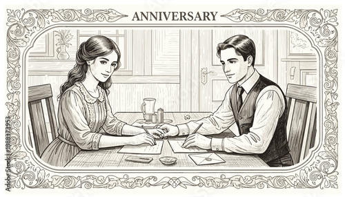 Vintage Couple Writing Letters at Wooden Table for Anniversary