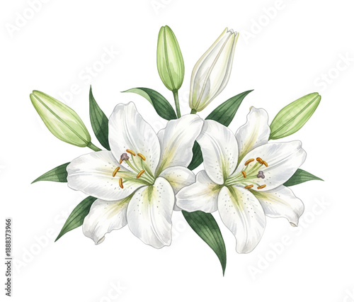 Beautiful White Lilies and Buds with Green Leaves Floral Arrangement Botanical Artwork