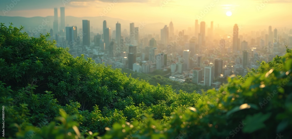 Fototapeta premium Green hillside overlooks city skyline at sunrise. Rich plants in foreground with urban buildings in background. Bright sunlight illuminates nature and city scape. Fresh morning light.