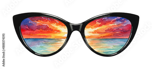 Black cat eye sunglasses reflecting a vibrant ocean sunset with colorful clouds and calm water