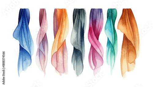 Vibrant Watercolor Fabrics Flowing Gently in a Row with Soft Textures and Varied Colors