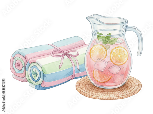 Refreshing pink lemonade with ice and citrus slices in a glass pitcher next to neatly rolled pastel towels