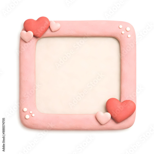 A cute pink clay frame with red and pink hearts and white dots on a white background.