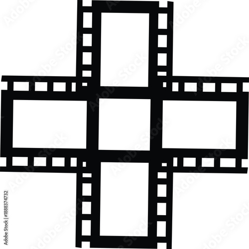 A black film strip arranged in a cross shape on a white background, symbolizing cinema and media