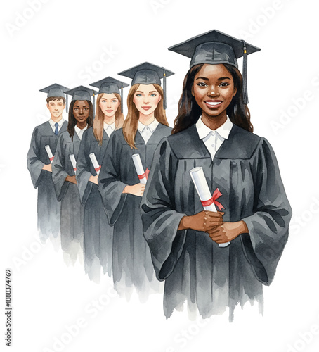 Diverse happy graduates smiling holding diplomas in academic regalia celebrating achievement