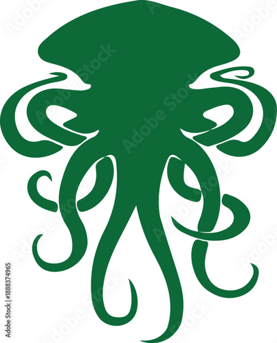 Green jellyfish silhouette graphic A dark green silhouette of a jellyfish with tentacles on a white background